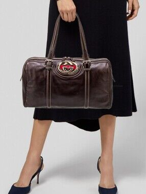 AUTHENTIC Y2K GUCCI Vintage Brown Leather Britt Boston Bag Retail $1600